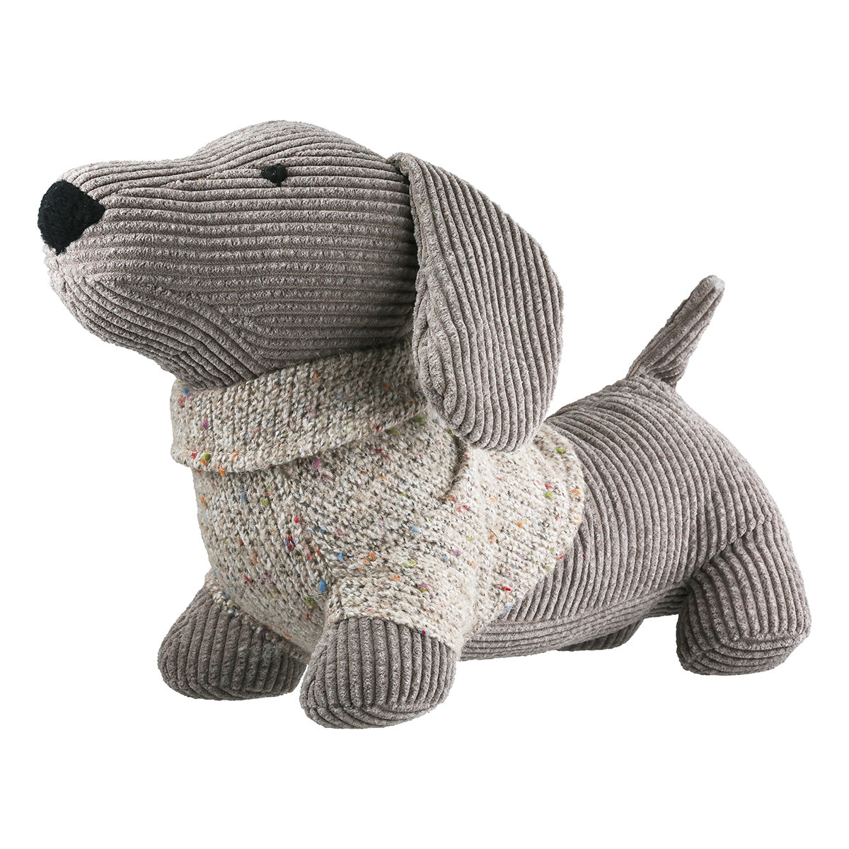 Dekorativer Türstopper als Dackel aus grauem Cordstoff mit gestricktem Pullover