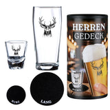 4-teiliges Herrengedeck-Geschenkset mit Hirsch-Motiv und Filzuntersetzern