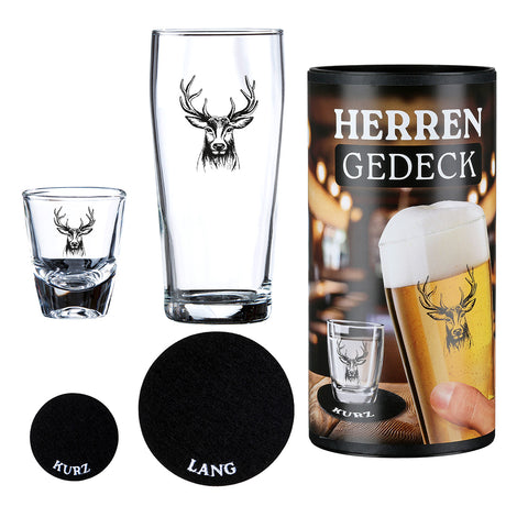 4-teiliges Herrengedeck-Geschenkset mit Hirsch-Motiv und Filzuntersetzern