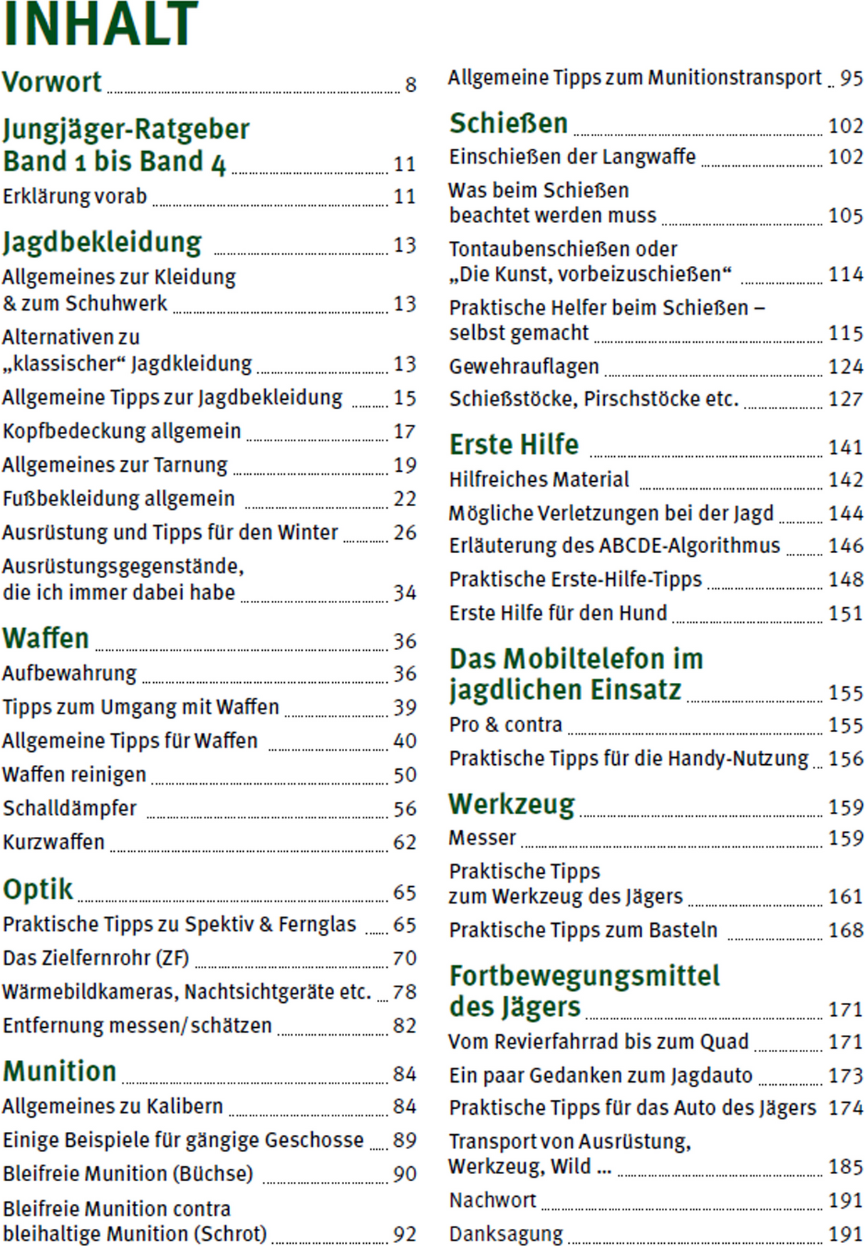 Jungjäger-Ratgeber - Ausrüstung - Inhaltsverzeichnis