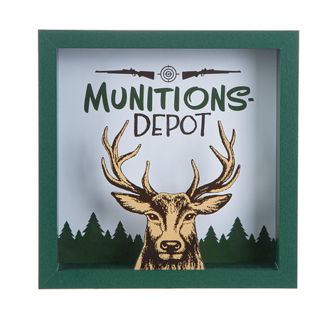 Holz-Spardose „Munitions-Depot“ mit Hirschmotiv und Tannensilhouetten