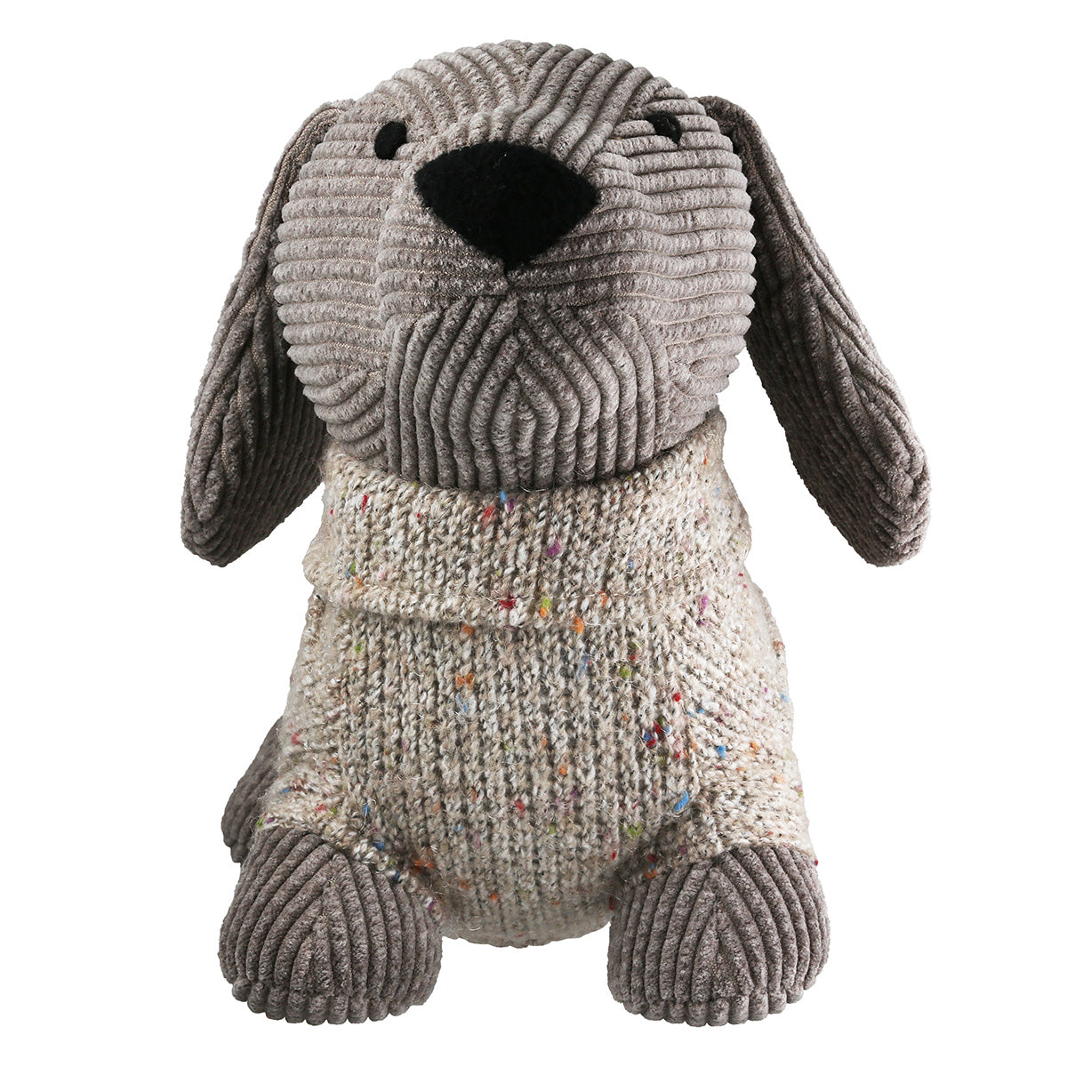 Niedlicher Dackel-Türstopper aus grauem Cordstoff mit gestricktem Pullover